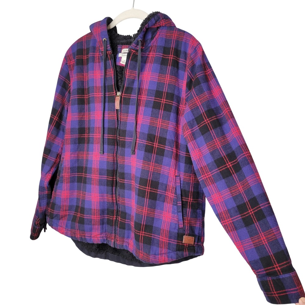 LL Bean Sherpa Hoodie‎ Women's Size M Fuzzy Zip Up Pink Blue Plaid Flannel Comfy